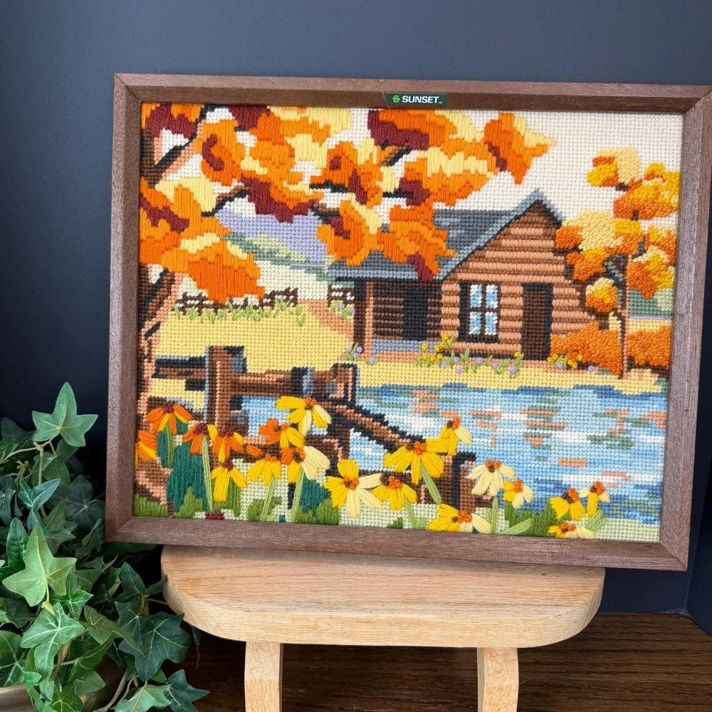 Sunset Designs Cabin in the Meadow Crewel Embroidery Wall Hanging Log Cabin